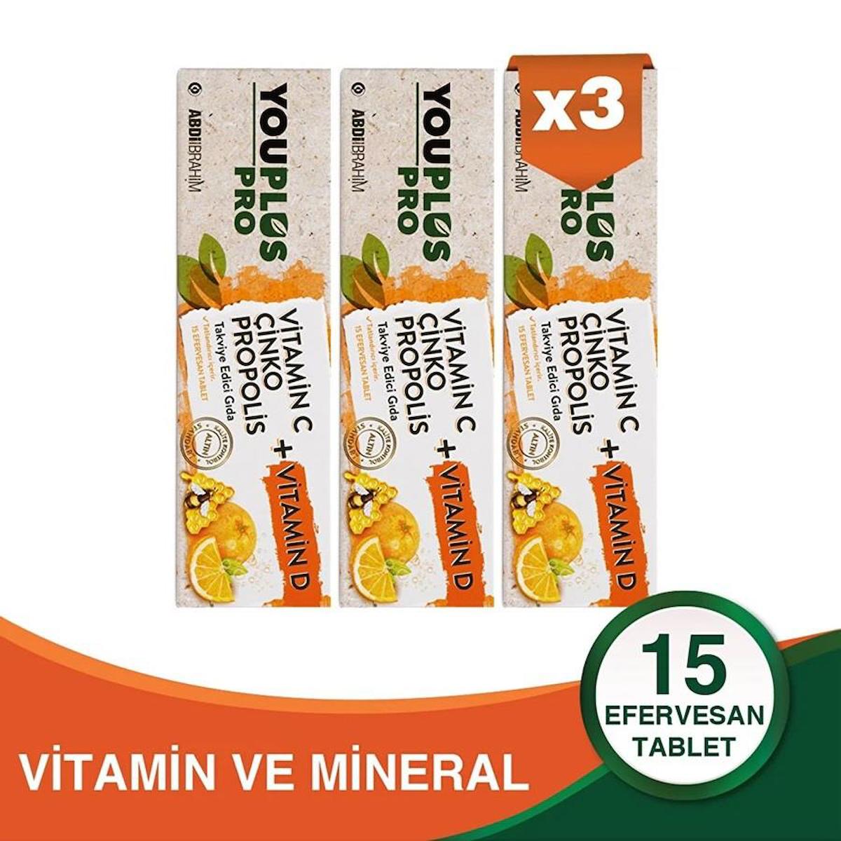 Youplus Pro Vitamin C D Çinko Propolis 15 Efervesan Tablet 3 Adet