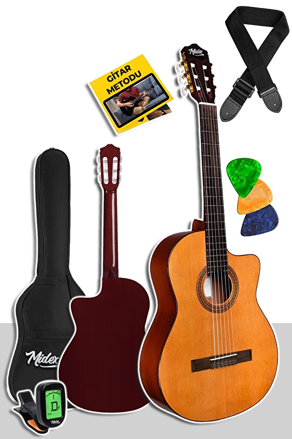 Midex CG 395YL Klasik Gitar 4 4 Kesik Kasa Full Set Çanta Askı Tuner