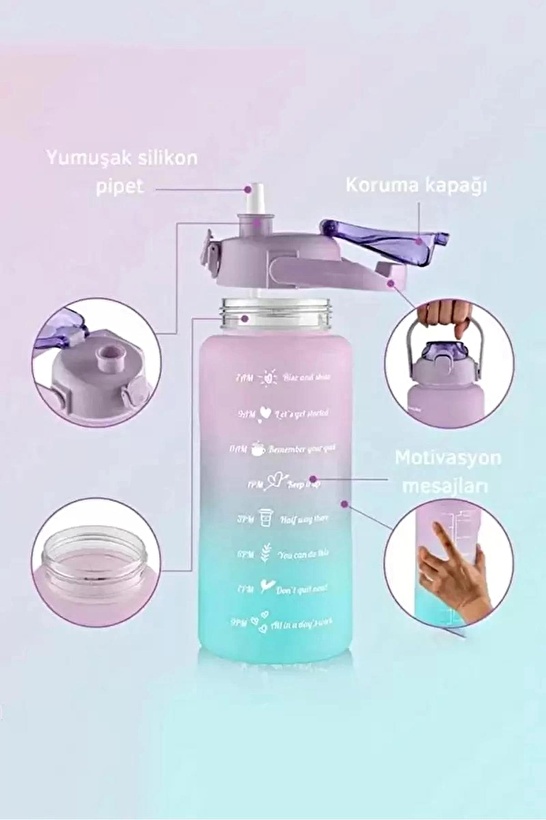 2li Motivasyon Su Matarası 2 lt 900 ml Rengarenk Figürlü Pipetli Su