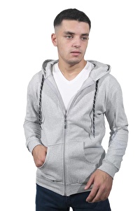 Erkek Kapüşonlu Fermuarlı Kampanya Açık Gri Sweatshirt