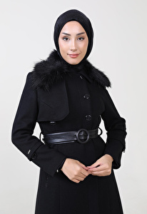 SİYAH Yaka Kürk Detaylı Kemerli Uzun Manto 2212040
