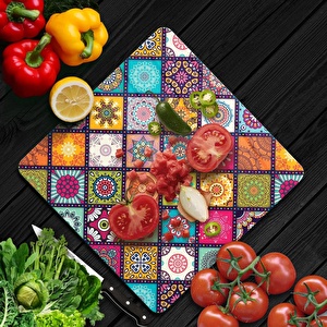 Decovetro Cam Kesme Tahtası Kare Renkli Mandala Desenli