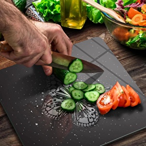 Decovetro Cam Kesme Tahtası Kare Black Kelebek Desenli