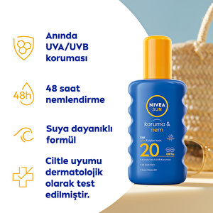 NIVEA Sun SPF20 Güneş Koruyucu & 48 Nemlendirici Güneş Kremi 200 ml Sprey,Anında UVA/UVB Koruması