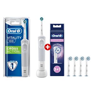 Oral-B D100 Vitality Cross Action Beyaz Elektrikli Diş Fırçası + Oral- B Sensitive Clean 3+1 Yedek Başlık
