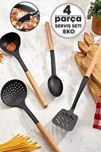4 lü EKO Servis Maşa Seti Ahşap Saplı Kancalı Teflon Kepçe Kevgir Spatula Kaşık Seti