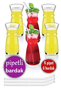 6 lı Pipetli Cam Karaf Bardak 300 ml Sıcak Soğuk Cam Meşrubat Bardağı Süt Bardağı Limonata Bardağı