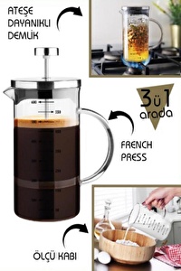 Borosilikat French Press Ölçekli Bitki Çayı Demliği Kahve Çay Demleme Cam Kulplu  600 ml.