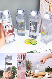 Lüx Mika Süt Kutusu Tasarımlı Su Kahve İçecek Şişesi Şeffaf Gıda Sınıfı Kahve Sunum Bardağı 500 ml.