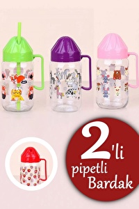 2 Adet Pipetli Kulplu Meşrubat İçecek Bardağı 360 ML Desenli Pipetli Dayanıklı Cam Kavanoz Bardak