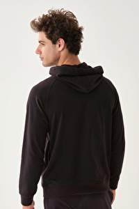 Önü Fermuarlı Kapüşonlu Cepli Siyah Sweatshirt