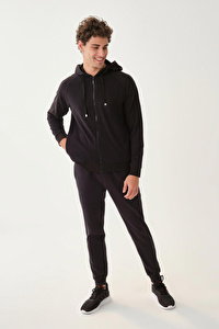 Önü Fermuarlı Kapüşonlu Cepli Siyah Sweatshirt