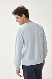 Yazı Baskılı Bisiklet Yaka Açıkmavi Pamuk Sweatshirt