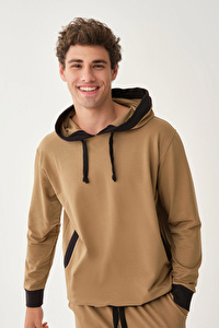 Kapüşonlu Ribanalı Açık Kahve Pamuk Sweatshirt