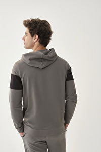 Kapüşonlu Kanguru Cep Siyah Şerit Detaylı Haki Sweatshirt