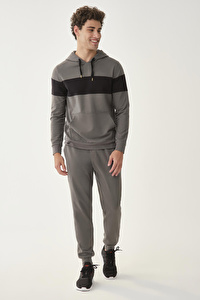 Kapüşonlu Kanguru Cep Siyah Şerit Detaylı Haki Sweatshirt