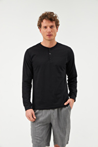 Düğme Yakalı Siyah Pamuk Sweatshirt