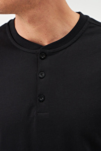 Düğme Yakalı Siyah Pamuk Sweatshirt