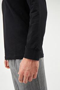 Düğme Yakalı Siyah Pamuk Sweatshirt