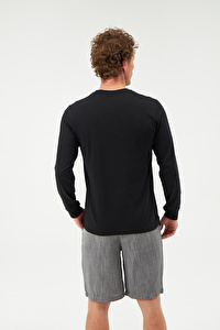 Düğme Yakalı Siyah Pamuk Sweatshirt