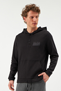 Düğme Yaka Kapüşonlu Kanguru Cepli Siyah Sweatshirt