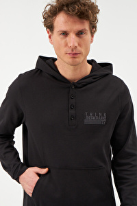 Düğme Yaka Kapüşonlu Kanguru Cepli Siyah Sweatshirt