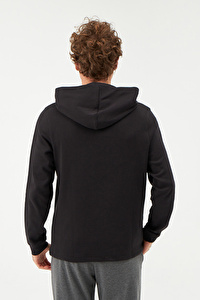Düğme Yaka Kapüşonlu Kanguru Cepli Siyah Sweatshirt