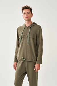 Kapüşonlu Bel Bağlamalı Haki Sweatshirt
