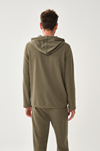 Kapüşonlu Bel Bağlamalı Haki Sweatshirt
