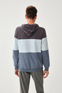 Kapüşon Beli Bağcıklı Baskılı Mavi Sweatshirt