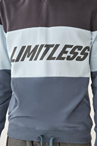 Kapüşon Beli Bağcıklı Baskılı Mavi Sweatshirt
