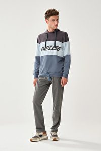 Kapüşon Beli Bağcıklı Baskılı Mavi Sweatshirt