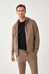 Kapüşon Fermuarlı Bel Lastikli Kahverengi Sweatshirt