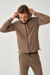 Kapüşon Fermuarlı Bel Lastikli Kahverengi Sweatshirt