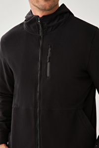Kapüşon Fermuarlı Bel Lastikli Siyah Sweatshirt