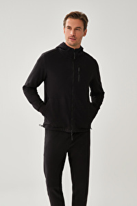 Kapüşon Fermuarlı Bel Lastikli Siyah Sweatshirt