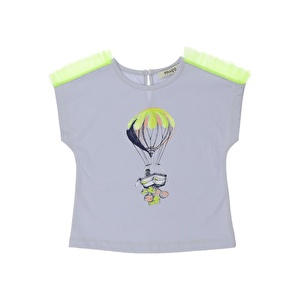 Kız Bebek Kolu Tül Detaylı Baskılı Kısa Kollu T-shirt