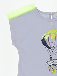 Kız Bebek Kolu Tül Detaylı Baskılı Kısa Kollu T-shirt