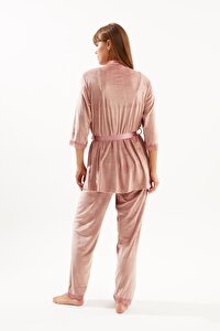 Ecrou Kadın Pudra Soft Kadife Truvakar Kol İp Askılı Pantolon 3 Lü Pijama Takım