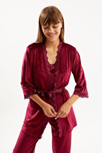Ecrou Kadın Mürdüm Soft Kadife Truvakar Kol İp Askılı Pantolon 3 Lü Pijama Takım