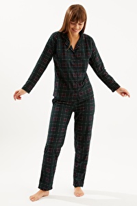 Ecrou Yeşil Bordo Ekose Süet Düğmeli Bebe Yaka Uzun Kol Uzun Alt Pijama Takım