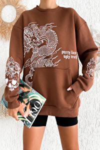 Ecrou Kadın Kahve Ejderha Baskı Kanguru Cep Oversize Sweat