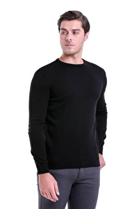 Siyah Bisiklet Yaka Regular Fit Triko Kazak | M