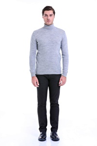 Gri Desenli Tam Balıkçı Yaka Regular Fit Triko Kazak | L