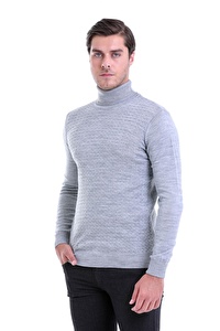 Gri Desenli Tam Balıkçı Yaka Regular Fit Triko Kazak | L