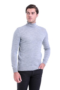Gri Desenli Tam Balıkçı Yaka Regular Fit Triko Kazak | L