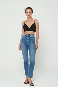Ariana Koyu Mavi Yüksek Bel Mom Fit Patı Fermuarlı Jean Pantolon C 4525-028