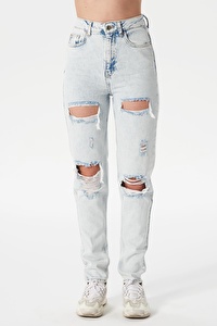 Ariana Açık Mavi Yüksek Bel Yıpratmalı Mom Fit Fermuarlı Jean Pantolon C 4525-068