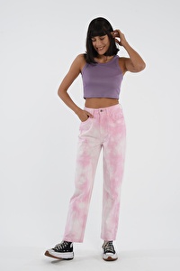 Diana Pembe Batik Yıkamalı Yüksek Bel Dad Straight Fit Fermuarlı Jean Pantolon C 4517-040