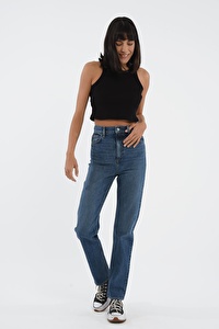 Orta Mavi Yüksek Bel Slim Straight Fit Fermuarlı Jean Pantolon C 4694-006